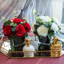Decorative Flowers Living Room Black Flower Creative Hydrangea Artificial Glass Vase Ornaments Set Aesthetic Decor