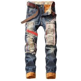 Winter Warm Jeans Fleece Destroyed Ripped Denim Trousers Thick Thermal Distressed Biker For Men Clothes235S