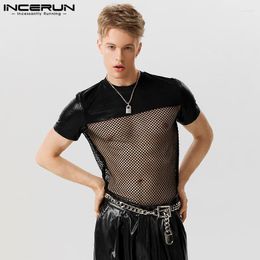 Men's T Shirts INCERUN Men Shirt Mesh Patchwork See Through Shiny O-neck Short Sleeve Sexy Camisetas Streetwear 2023 Party Fashion Tee Tops