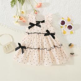 Girl Dresses Summer Girls' Dress Bow Decorative Dot Chiffon Sleeveless Princess Cool Daily Wear Solid Colour