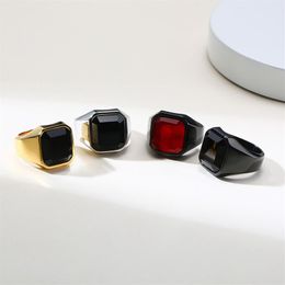 2021 Stylish Mens Signet Pinky Ring Gold and Silver Tones Stainless Steel Black Stone anel masculino Male Accessory254o