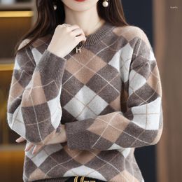 Women's Sweaters Merino Wool Four Plain Needle Thickened Winter Warm O-Neck Pullover Knit Sweater Colorblock Top
