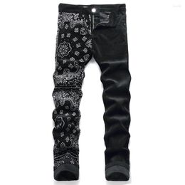 Men's Pants Fashion Brand AM Jeans Paisley Bandana Print Corduroy Slim Straight Floral Pattern Painted Black Stretch Trousers