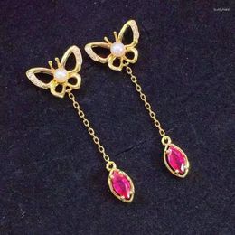 Dangle Earrings Original Design Classic Ruby Marquise Inlaid S925 Silver Butterfly Long Women's Gold Plated Charm Jewelry