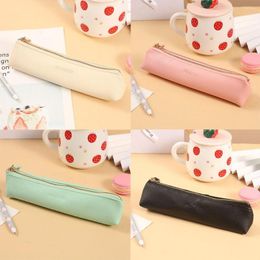 Portable Pencil Case Mini Zip Bags PU Leather Simple Pen Bag Candy Color Pouch Cosmetic Organize Storage
