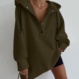Gym Clothing Women's Drawstring Button Long Sleeve Solid Colour Pullover Hoodie Loose Casual Sweatshirt Top