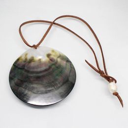 Choker Beauty Black Round Disc Shell Leather Pendant No Metal 18inches Mother Of Pearl 40mm 50mm 60mm 70mm
