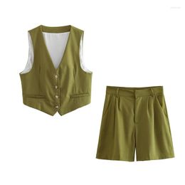 Women's Tracksuits Woman Casual Green Linen Blazer Tank Suit 2023 Summer Female Vintage Crop Tanks Sets Ladies High Waisted Straight Shorts