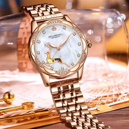 Wristwatches Sdotter Rose Gold Stainless Steel Mesh Strap Bracelet Watches Ladies Watch Women White Ceramic Skeleton Automatic Mechanical