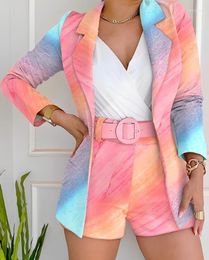 Women's Tracksuits 2 Piece Set Women Outfit 2023 Summer Fashion Notched Collar Long Sleeve Blazer & Floral Print Shorts With Belt Office