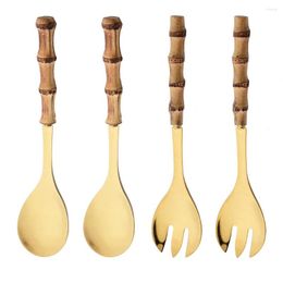 Spoons 2/4Pcs Wooden Handle Stainless Steel Serving Salad Spork Spoon Long Fork Service Set El Restaurant Tableware