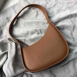 The Row Shoulder Best-quality Genuine Moon Design Half Bag Leather Women Flat Shoulder Strap Suded Lining Underarm Tote Bag Light Luxury and High Sense