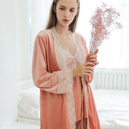 Women's Sleepwear VELOUR 3PCS Pyjamas Set Lace Trim Pyjamas Female Nightwear 2023 Autumn Kimono Bathrobe Gown Intimate Lingerie