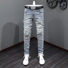 Men's Jeans High Street Fashion Men Retro Blue Elastic Stretch Skinny Fit Ripped Patched Designer Hip Hop Brand Pants Hombre