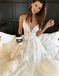 Lace Boho Wedding Dresses 2023 Spaghetti Straps V-neck Wedding Gowns Beach Bride Dress Vestido De Noiva