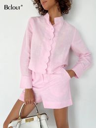 Women s Two Piece Pants Bclout Summer Pink Linen Shorts Set 2 Pieces Elegant Long Sleeve Stand Collar Tops Casual Elastic Waist Sexy Suits 230729