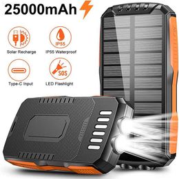 Cell Phone Power Banks 25000mAh Solar Power Bank Qi Wireless Charging for iPhone 14 Xiaomi Powerbank Portable Charger External Battery with Flashlight L230728