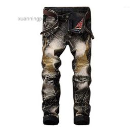 Men's Jeans Hemiks Embroidery Wing Ripped Slim Fit Tapered Leg Pants Style Fashion Biker Straight Skinny 3XV2