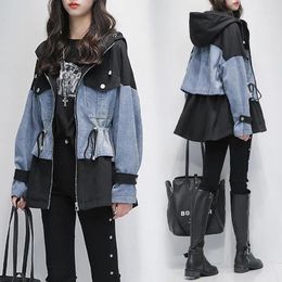 Women's Jackets Chic Women Denim Patchwork Windbreaker 2023 Autumn Oversize Drawstring Stitching Slim Waist Hooded Jean Jacket Mid-Length