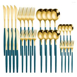 Dinnerware Sets Mirror Green Gold 32Pcs Cutlery Set Stainless Steel Knifes Forks Tea Spoons Kitchen Golden Tableware Flatware