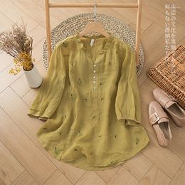 Women's Blouses 2023 Arrival Summer Arts Style Women Loose Fit Casual Floral Embroidery V-neck Blouse Half Sleeve Cotton Linen Shirts C914