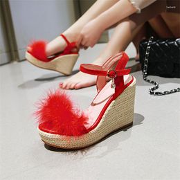 Sandals YQBTDL Gladiator Wedges For Women Summer 2023 Beach Dress Red Gray High Heels Woman Party Fur Shoes Size 43