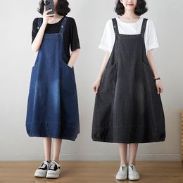 Casual Dresses #2179 Summer Black Blue Vintage A-line Dress Sleeveless Denim Pockets Overall Midi Jeans Femme Sexy