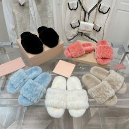 Brand slippers highest quality M metal letter wool slippers women's 2023 new thick sole straight line lamb wool slippers