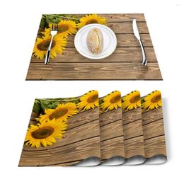 Table Runner 4/6pcs Set Mats Sunflower Wood Boards Printed Napkin Kitchen Accessories Home Party Decorative Placemats