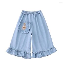 Women's Jeans Summer Niche Design Preppy Style Cute Bear Embroidered Elastic Waist Ruffle Girls' Denim Calf-length Pants Capris