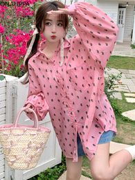 Women's Blouses Onalippa Sweet Pink Floral Womens Tops Lantern Long Sleeves Single Breasted Loose Shirts Korean Chic Design Contrast Shirt