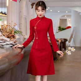 Ethnic Clothing Chinese Traditional Qipao Dress For Women Retro Improved Long Sleeve Red Cheongsam CNY225b