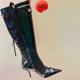 Cagole lambskin leather knee-high boots stud buckle embellished side zip shoes pointed Toe stiletto heel tall boot luxury designers shoe for0001