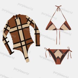 Designer Plaid Swimwear Women Long Sleeve Fashion Sexy Beach Surfing Holiday Swimwear Two Piece Set