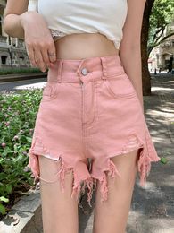 Women's Shorts FTLZZ Summer Women Fashion Holes Wide Leg Sexy Denim Lady Casual High Waist Pockets Solid Color Pink Jean