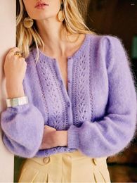 Women's Knits ZESSAM Solid Colour Jacquard Knit Cardigans O-Neck Puff Sleeves Buttons Hollow Out Loose Female Sweater Casual Cosy Lady Top