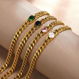 Anklets Stainless Steel For Women Men Round Zircon Gold Colour Leg Bracelets Cuban Chain Geometric Jewellery Accessories