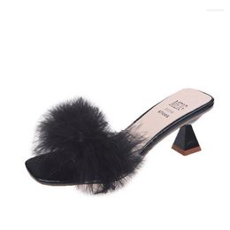 Sandals 2023 Fur Women/Girls Designer Summer Furry Slippers Thick High Heels Transparent Flip-Flops Women