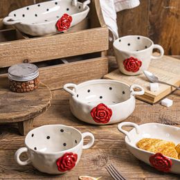 Bowls Ins Style High Colour Hand Made Underglaze Ceramic Two Ear Bowl Baking Dish Mug Salad Wavy Rose Tableware