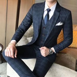 Blazer Pants Vest Men Suit 3 Piece Set Fashion Boutique Lattice Groom Wedding Dress Men's Tuxedo Men Banquet Club Dress3479