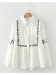Women's Blouses Lamtrip Unique Geomtric Embroidery Pleated Long Sleeve Cotton Shirt Blouse Mori Girl 2023