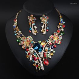 Necklace Earrings Set African Multicolors Crystal Flowers Nigeria Bridal Accessories Women Rhinestone Choker Statement Jewelry