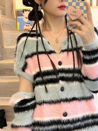 Women's Knits Tees Deeptown Harajuku Striped Knitted Cardigan Women Vintage Sweet Oversized Sweater Y2K Aesthetic Detachable Long Sleeve Tops 2000s 230729