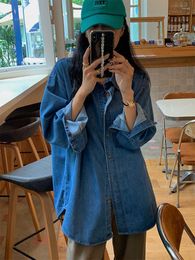 Women's Blouses 2023 Spring And Autumn Shirt Polo Neck Blue Denim Coat Top Loose Causal Korean Fashion Women Clothing Outwear