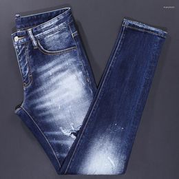 Men's Jeans Fashion Vintage Trousers Men High Quality Retro Blue Elastic Slim Fit Ripped Patched Designer Brand Pants Hombre
