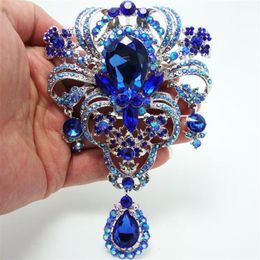 Whole-Retro Classic 5 04 Flower Pendant Brooch Pin Blue Rhinestone Crystal2216