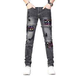 Mens Jeans Ripped Jeans Men Stretch Slim Fit Grey Hip Hop Denim Pants Pathed Printed Streetwear Distressed Mens Jeans Brand Man Moto Jeans 230729