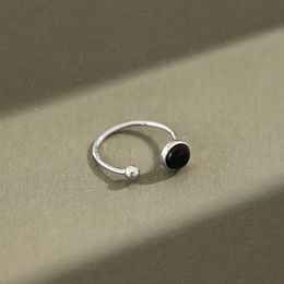 Real 925 Sterling Silver Open Ring For Women With Round Black Agate/Moonstone Do The Old Style Finger Rings Jewellery Wholesale YMR229