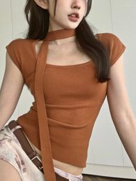 Women's Blouses Summer Knit Elegant Fashion Tops Women Strappy Korean Style Designer Slim Female Square Neck Vintage Casual Blouse 2023