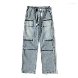 Men's Jeans Design Zipper Men Drawstring Low Waist Drapped Distress Denim Trousers Straight Black Blue Casual Pants Clothes Man